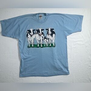 Fruit of the Loom Cow Picture / Dairy Scene Extra Large Blue T Shirt